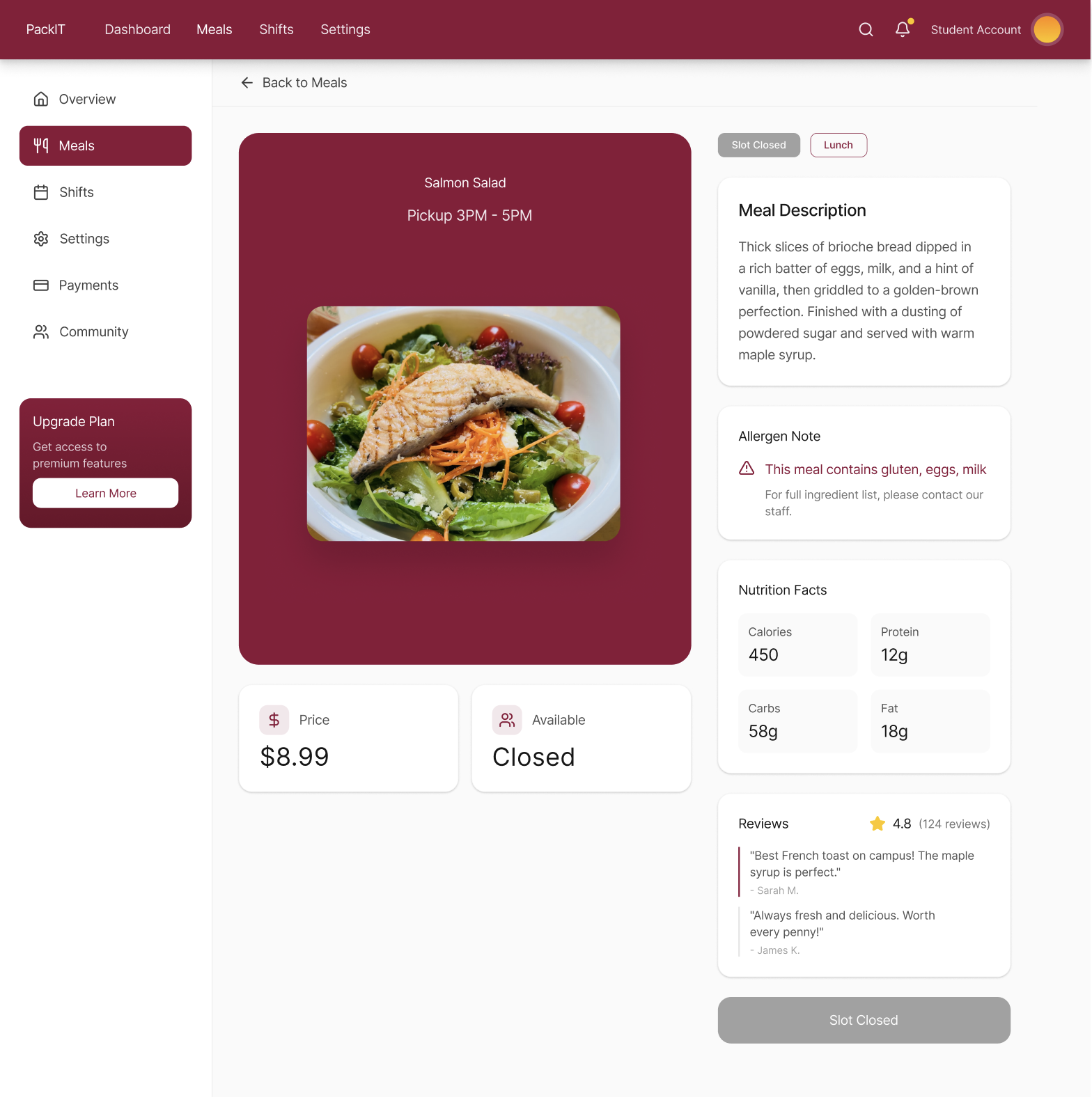 Individual Meal Screen