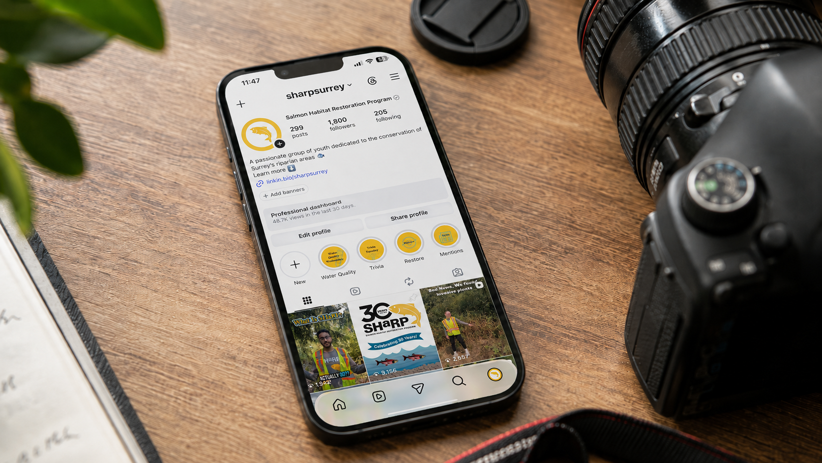 Camera and phone displaying SHaRP's Instagram profile and field content