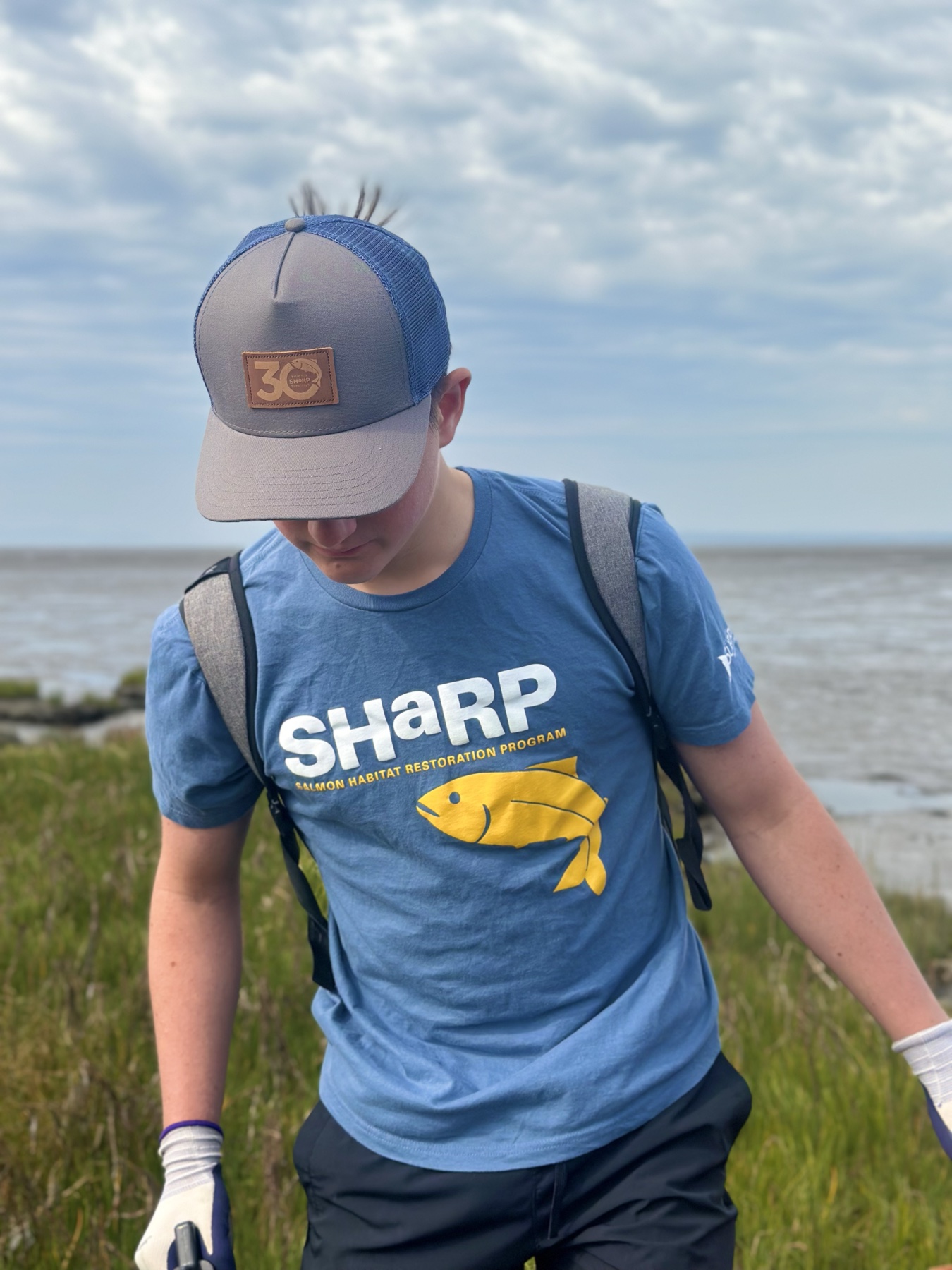 SHaRP team member doing field work beside a wetland