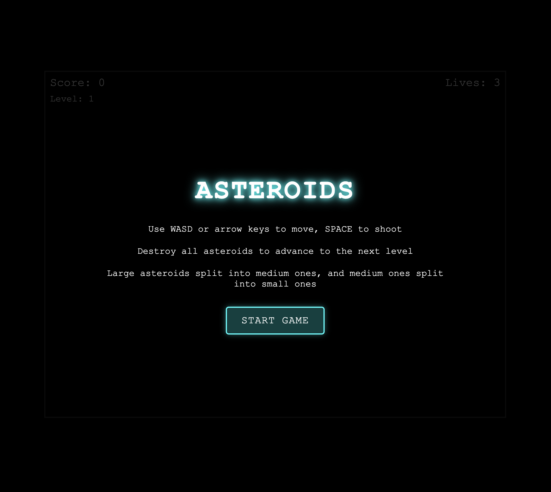 Asteroids Start Screen